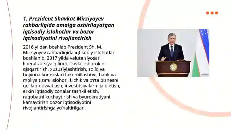 Prezident Sh. M. Mirziyoyev raxbarligi va tashabbusiostida amalga oshirilayotgan ilsohotlar 3