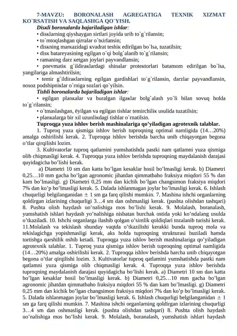 Boronalash agregatiga texnik xizmat ko`rsatish va saqlashga qo`yish 3