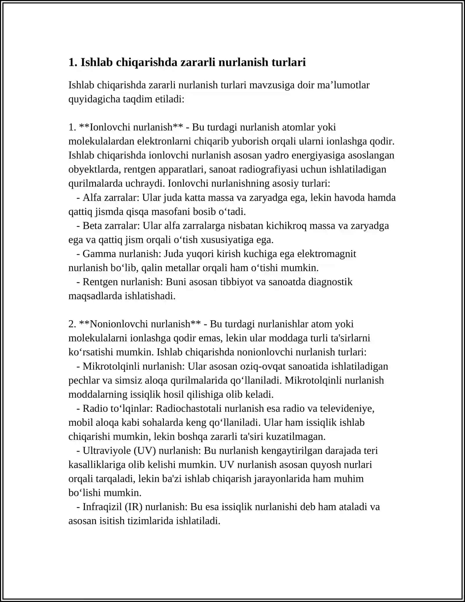 ISHLAB CHIQARISHDA ZARARLI NURLANISHLARNING XUSUSIYATLARI VA ULARNING INSON ORGANIZMIGA TASIRI 3