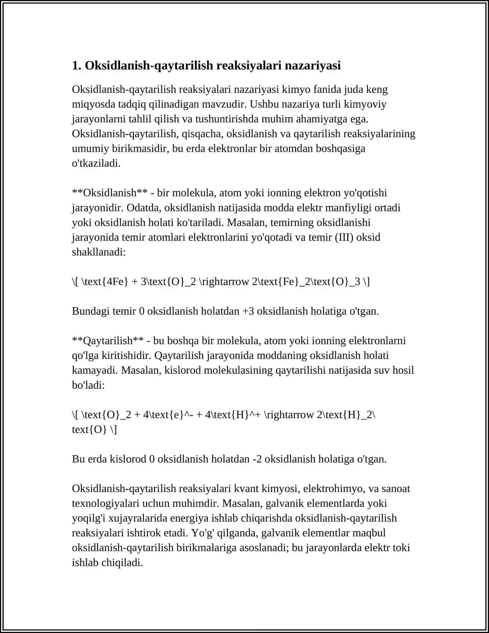 OKSIDLANISH-QAYTARILISH REAKSIYALARI. METALLAR VA ULARNING TRANSPORT SOHASIDA QO'LLANILISHI 3