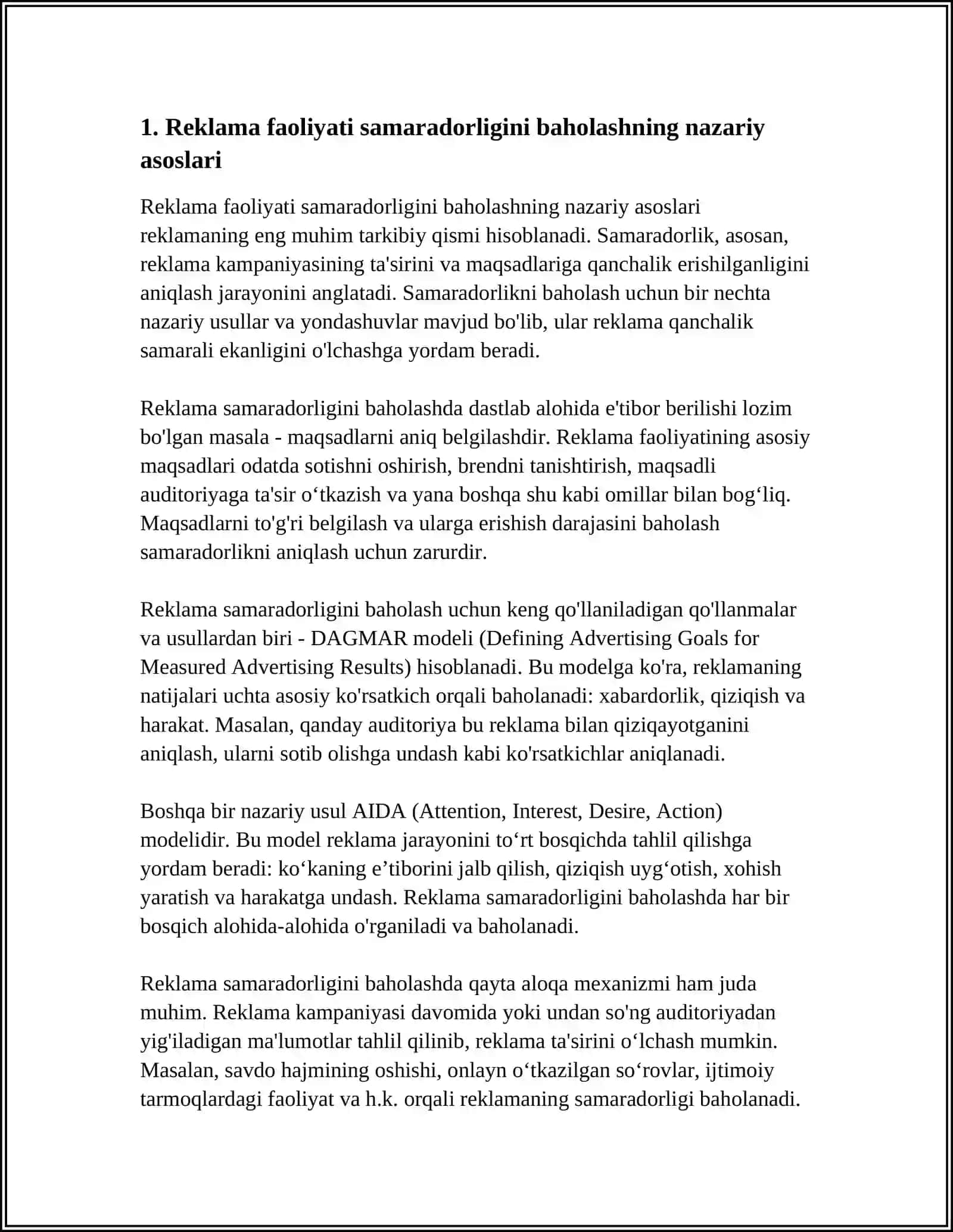 REKLAMA FAOLIYATI SAMARADORLIGINI BAHOLASH. XALQARO REKLAMA 3