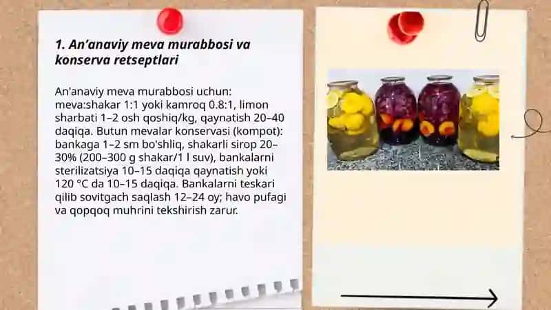 Meva va sabzavotlarni tabiiy usulda konservalash va sharbat olish retsepturasini oʻrganish 3