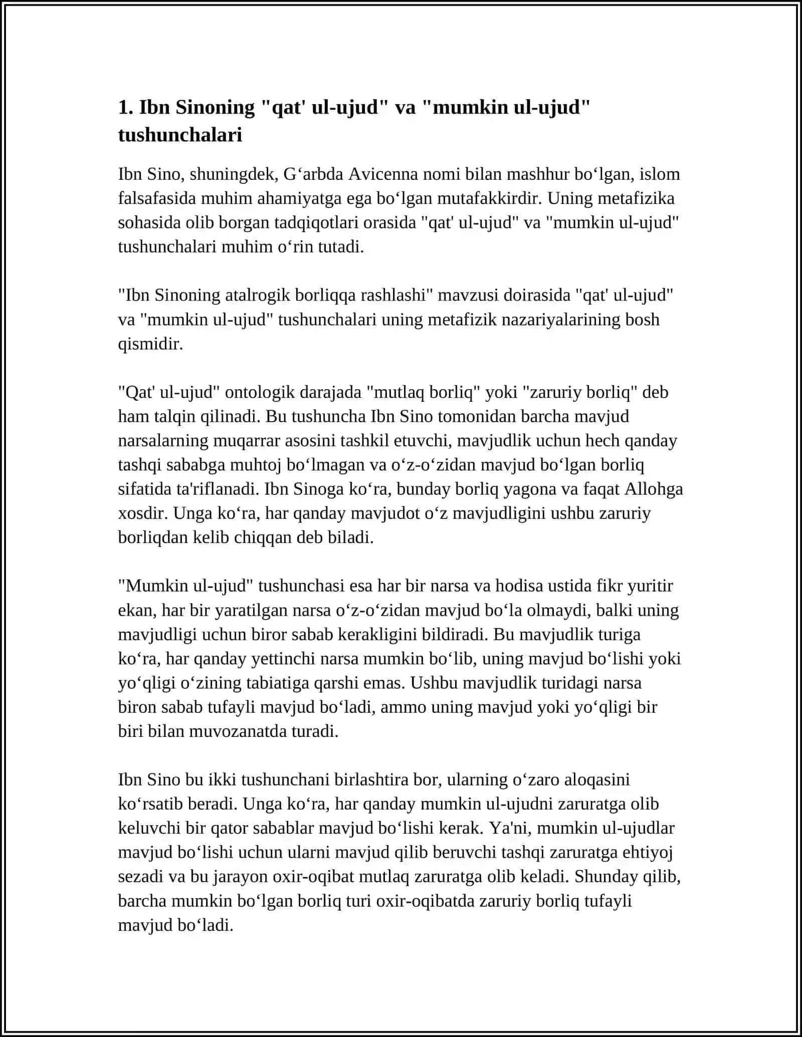 IBN SINONONG ATALOGIK BORLIQA RASHLARI VAQTAT UL UJUDVA MUMKUN UL UJID KONSEPSIYALARI 3