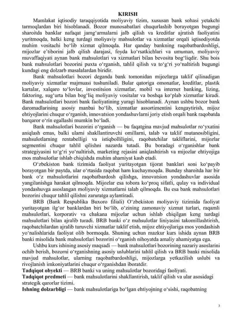 Bank Mahsulotlari Bozori va Ularni O‘rganishning Nazariy Asoslari.BRB bankining iste'mol krediti bo'yicha.BANK MAHSULOTLARI BOZORI VA ULARNI O‘RGANISHNING NAZARIY ASOSLARI raqobatchilar 3