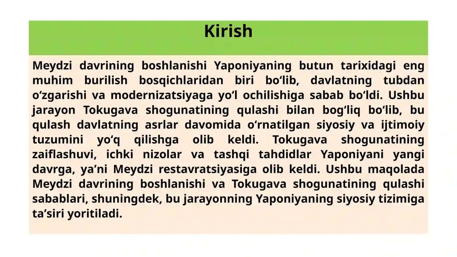 MEYDZI DAVRINING BOSHLANISHI VA TOKUGAVA SHOGUNATINING QULASHI 3