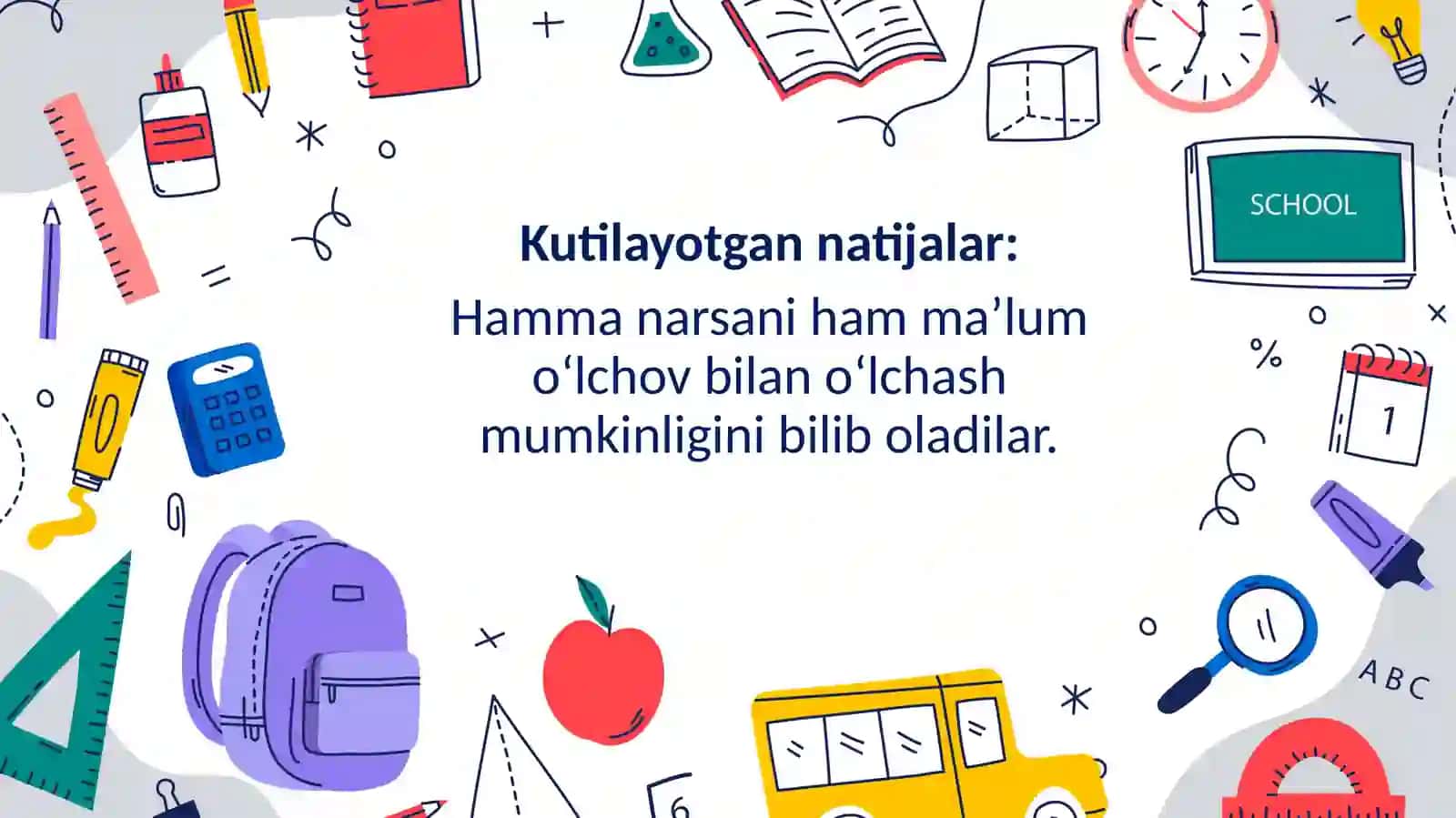 SHartli o‘lchov yordamida narsalarning bo‘yini va enini o‘lchashni o‘rgatishni davom ettirish. boyicha dars ishlanma slaydi 3