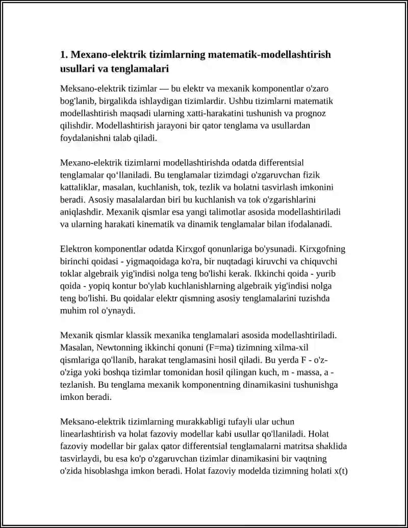 MODELLASHTIRISH USULLARI: MEXANO-ELEKTRIK, MEXANO-GIDRAVLIK VA ISSIQLIK-ELEKTRIK USULLAR 3