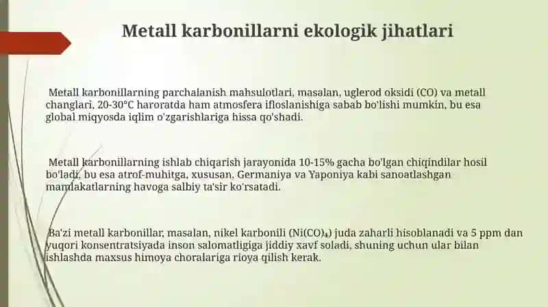 Metall karbonillari tuzilishi, olinish usullari va ishlatilishi 3