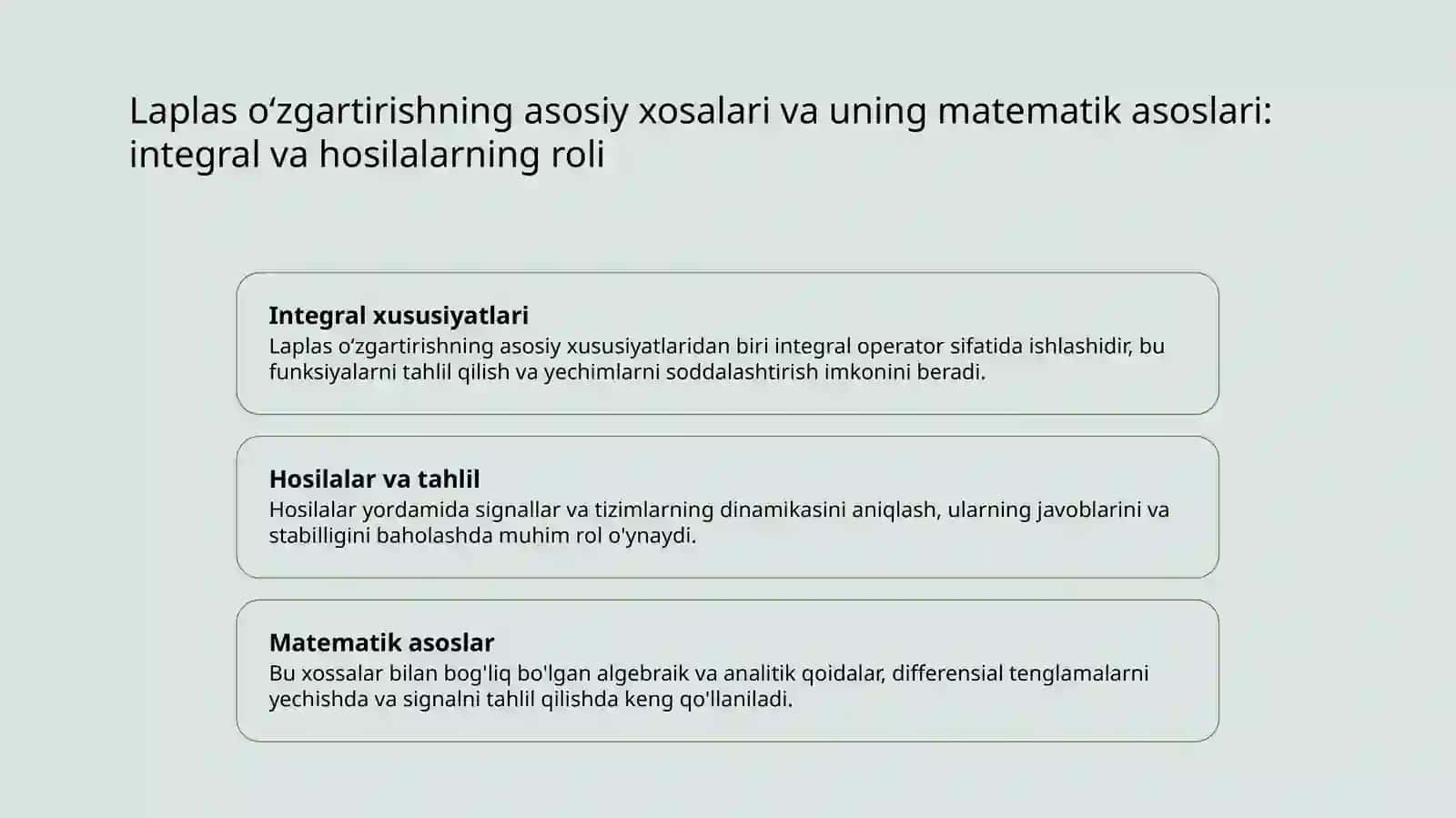Laplas oʻzgartirish asosiy ra’rif xosalar va boshqaruv masalalarida qolanilishi 3