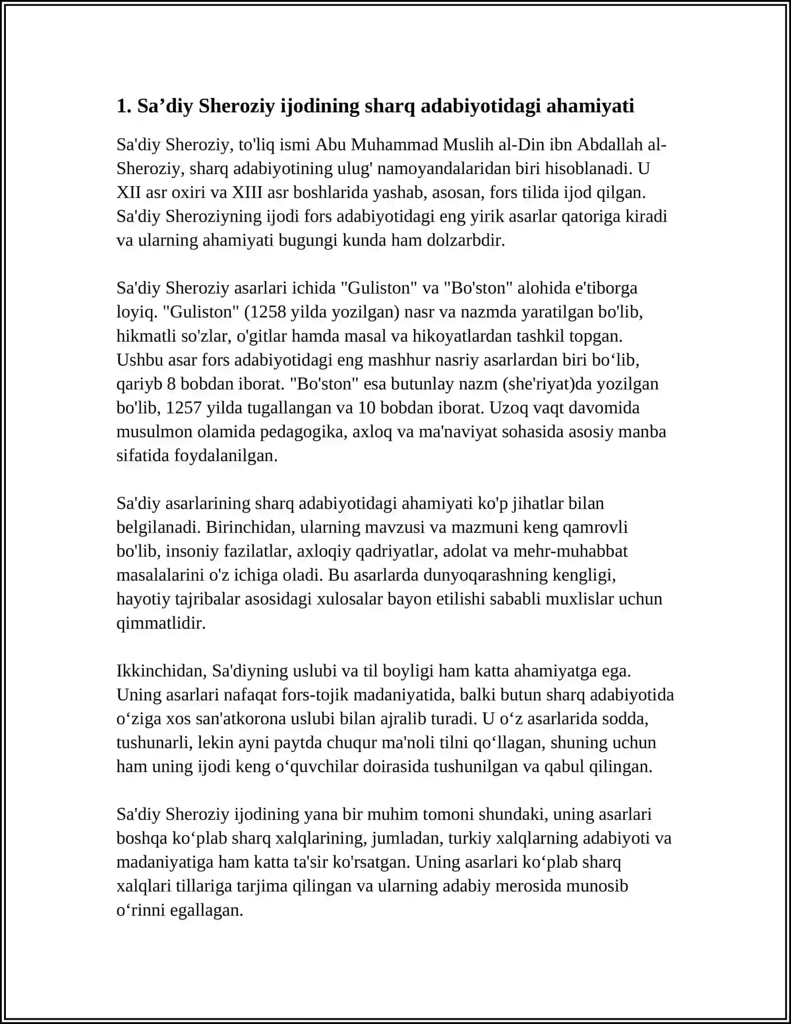 SAʼDIY SHEROZIY "GULISTON"ASARINING SHARQ ADABIYOTIDA TUTGAN OʻRNI 3