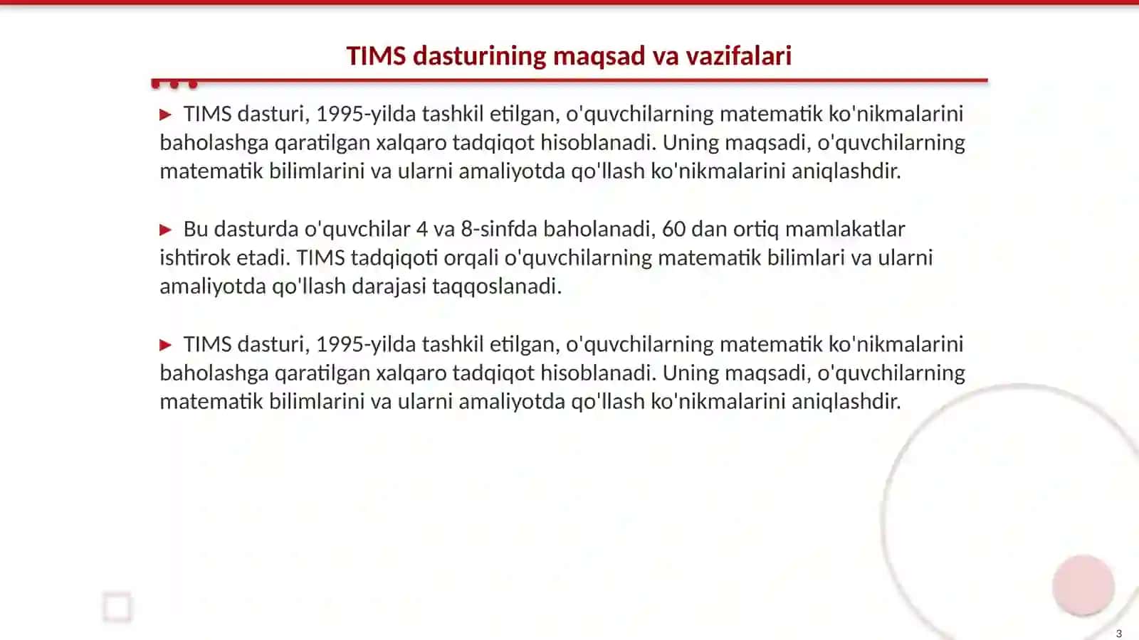 Matematikada Xalqaro baholash dasturlari TIMS PISA PRILS 3
