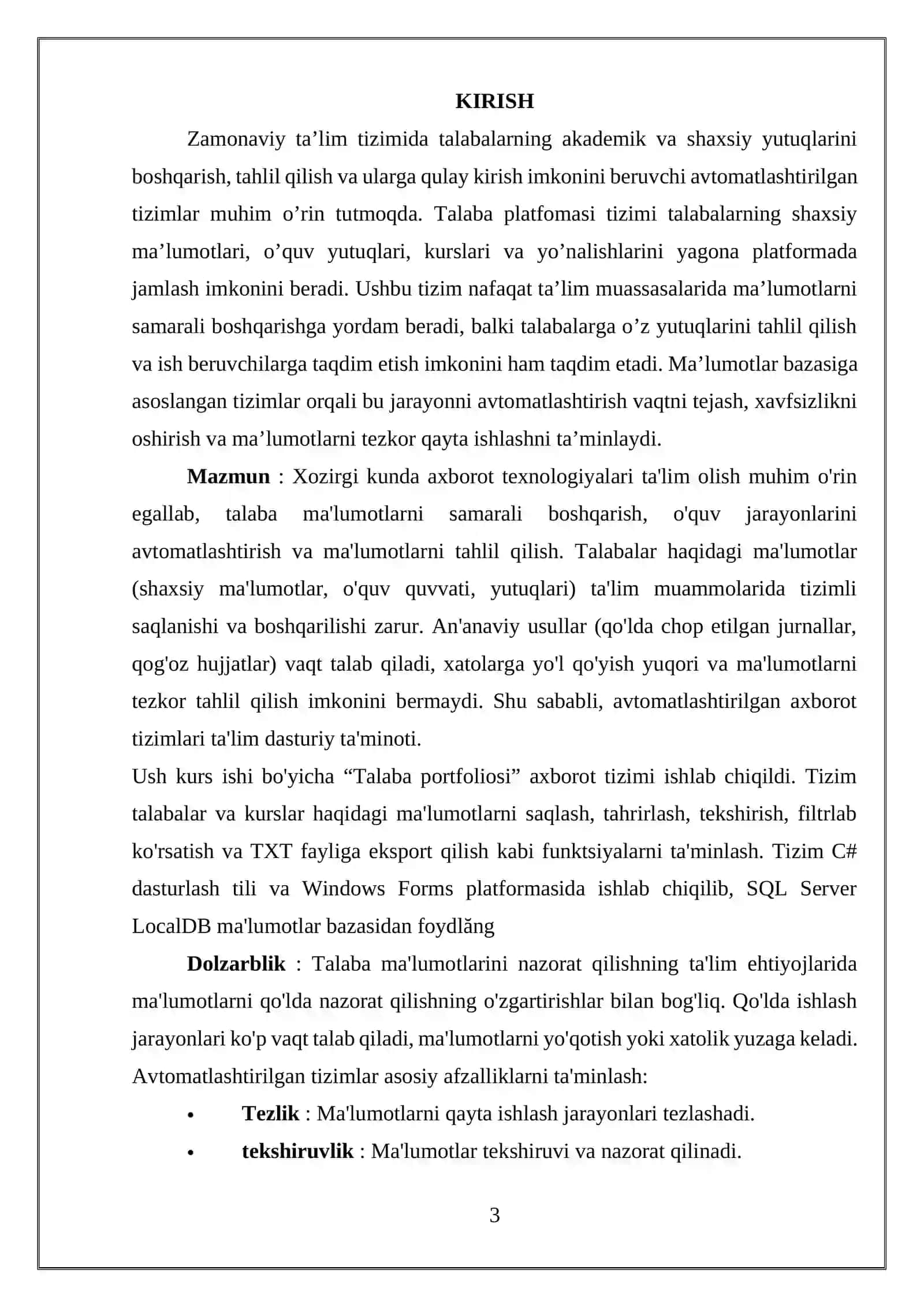 “Talaba platformasi” axborot tizimini ishlab chiqish uchun ma’lumotlar bazasini loyihalash 3