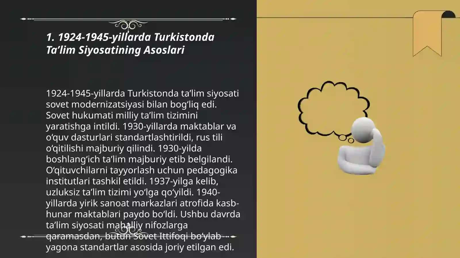 Turkiston oʻlkasida taʼlim siyosati.1924-1945- yillarda taʼlim va pedagogika fani. 1945-1991- yillarda Oʻzbekistonda taʼlim tizimi va pedagogika fani rivoji 3