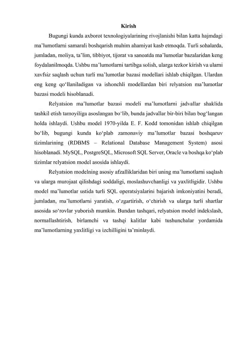 Relyatsion ma'lumot modeli. Ma'lumotlar bazasida munosabatlar 3