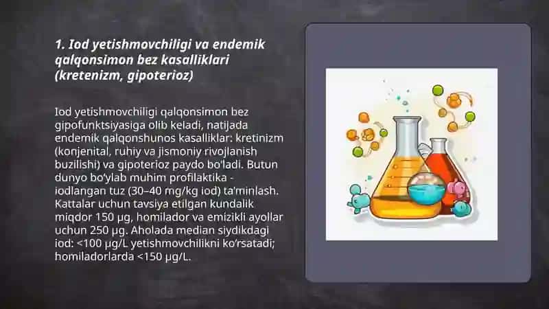 Biogen elementlar konstsentratsiyasi o'zgarishi bilan bo'g'liq endemik va kasb kasalliklari Nishonova Marjona 131-guruh 3