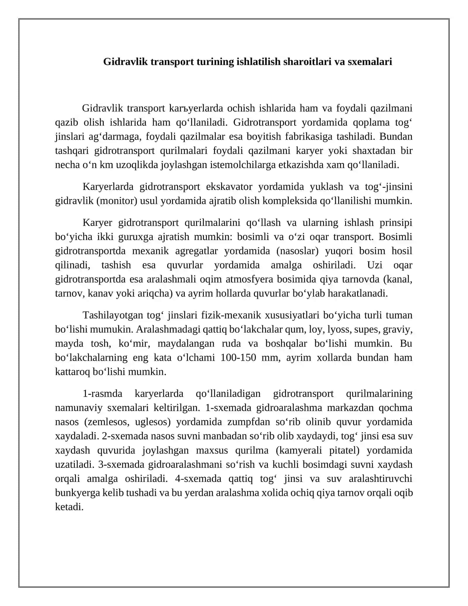 Gidrotransport uskunalari na sxemalari ularni qo‘llash sharoitlari 3