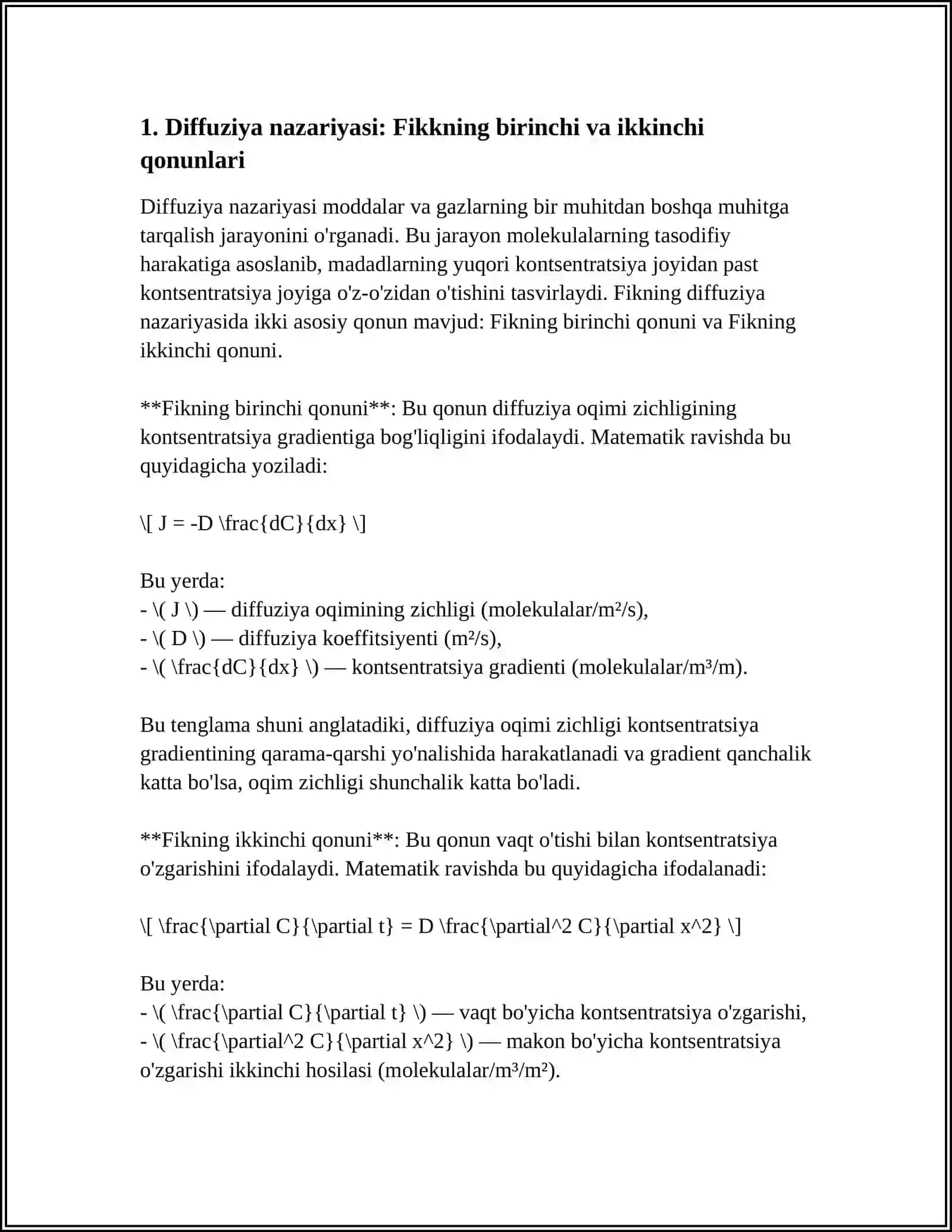 KO'CHISH HODISALARI. DIFFUZIYA, ISSIQLIK O‘TKAZUVCHANLIK VA QOVUSHQOQLIK 3