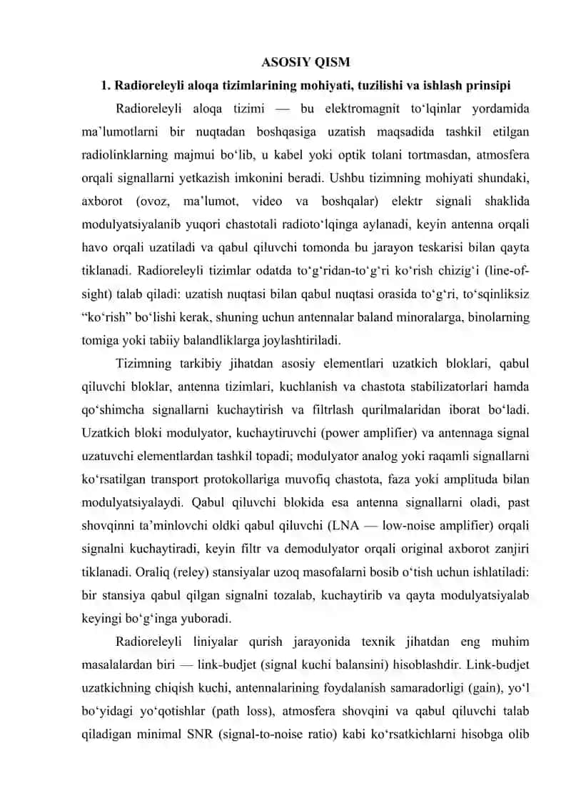 Radioreleyli aloqa va yoʻldoshli aloqa liniyalarini tashkil etish. Yoʻldoshli navigatsion tizimlari va ularning oʻziga xos xususiyatlari. 3