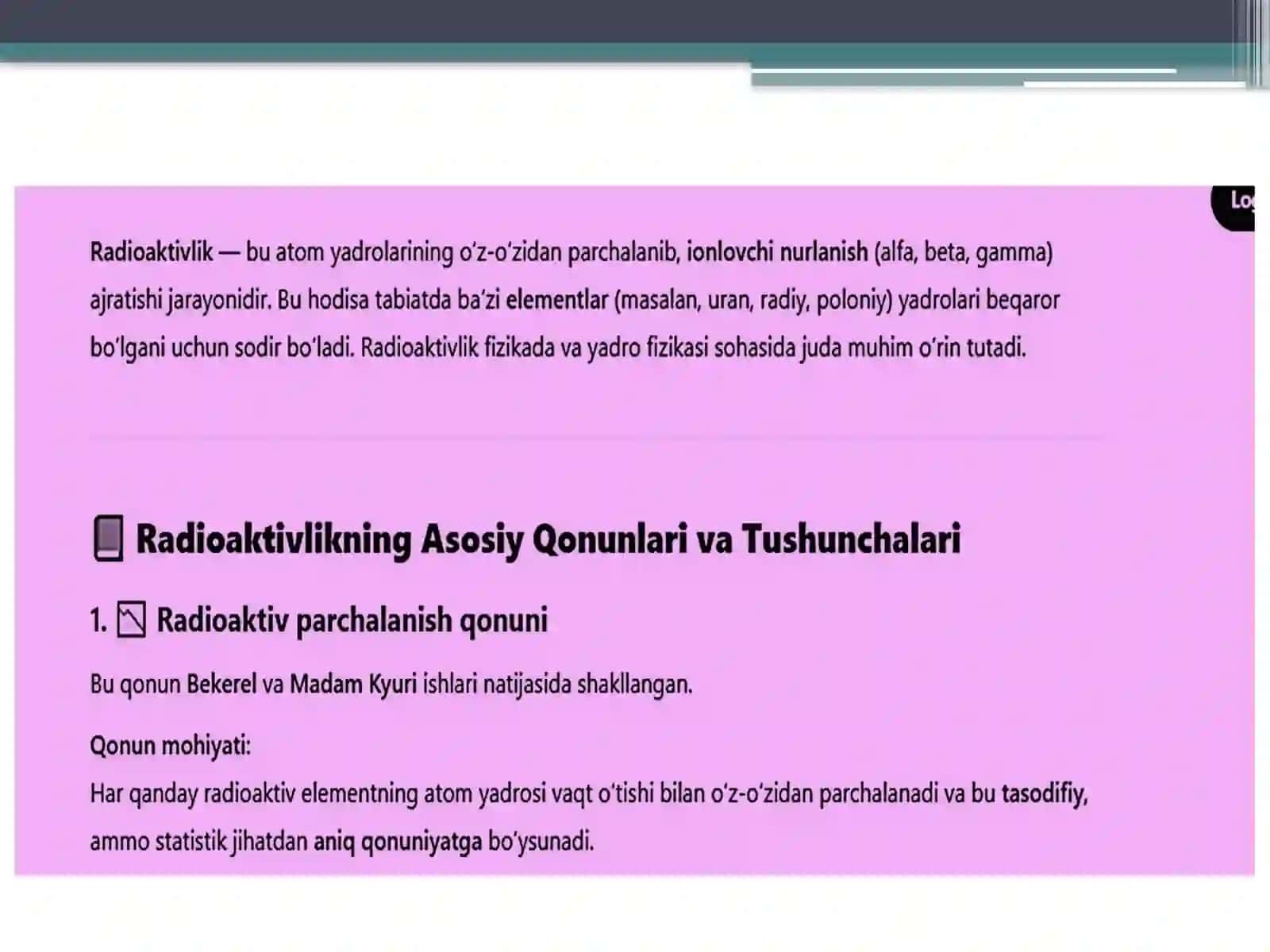 Biofizika fanidan Radioaktivlikning asosiy qonunlari 3
