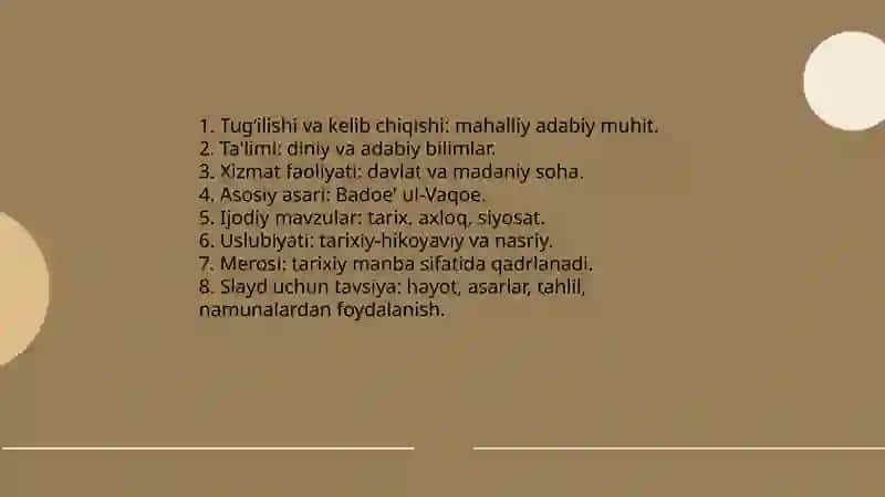 Zayniddin Vosifiy Badoe ul Vaqoe asaridan 10ta betlik slayd 3