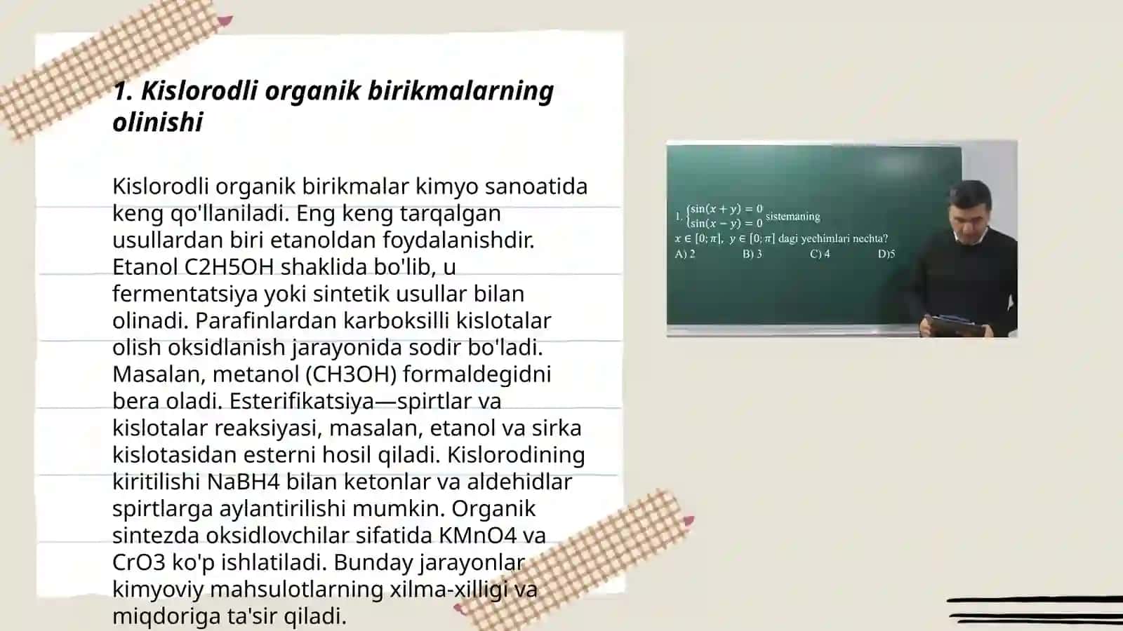 Kislorodli organik birikmalarni olinishi va xossalariga doir genetik õzgarishlarni amalga oshirish mavzuga doir masala, test savollarini yechish algoritimi 3