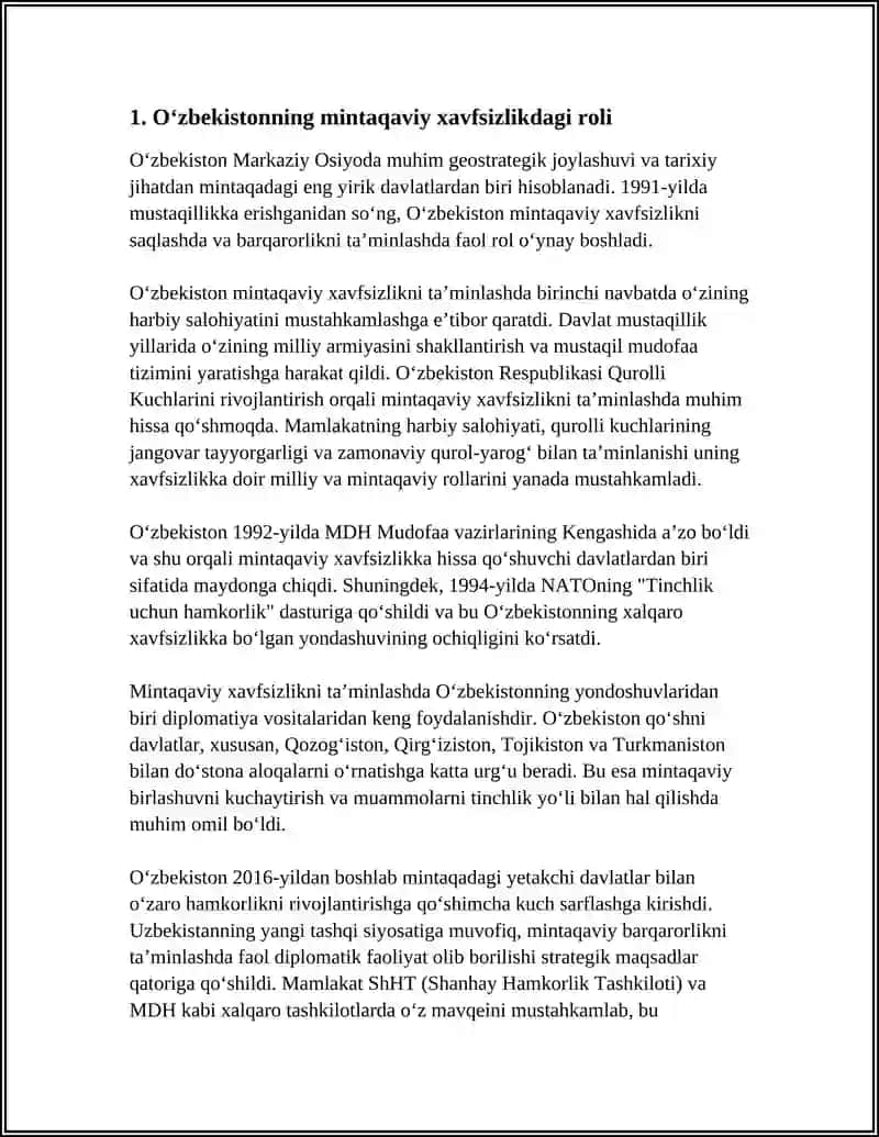 OʻZBEKISTONNING MARKAZIY OSIYODA TINCHLIK VA BARQARORLIKNI TAʼMINLASHDAGI OʻRNI 3