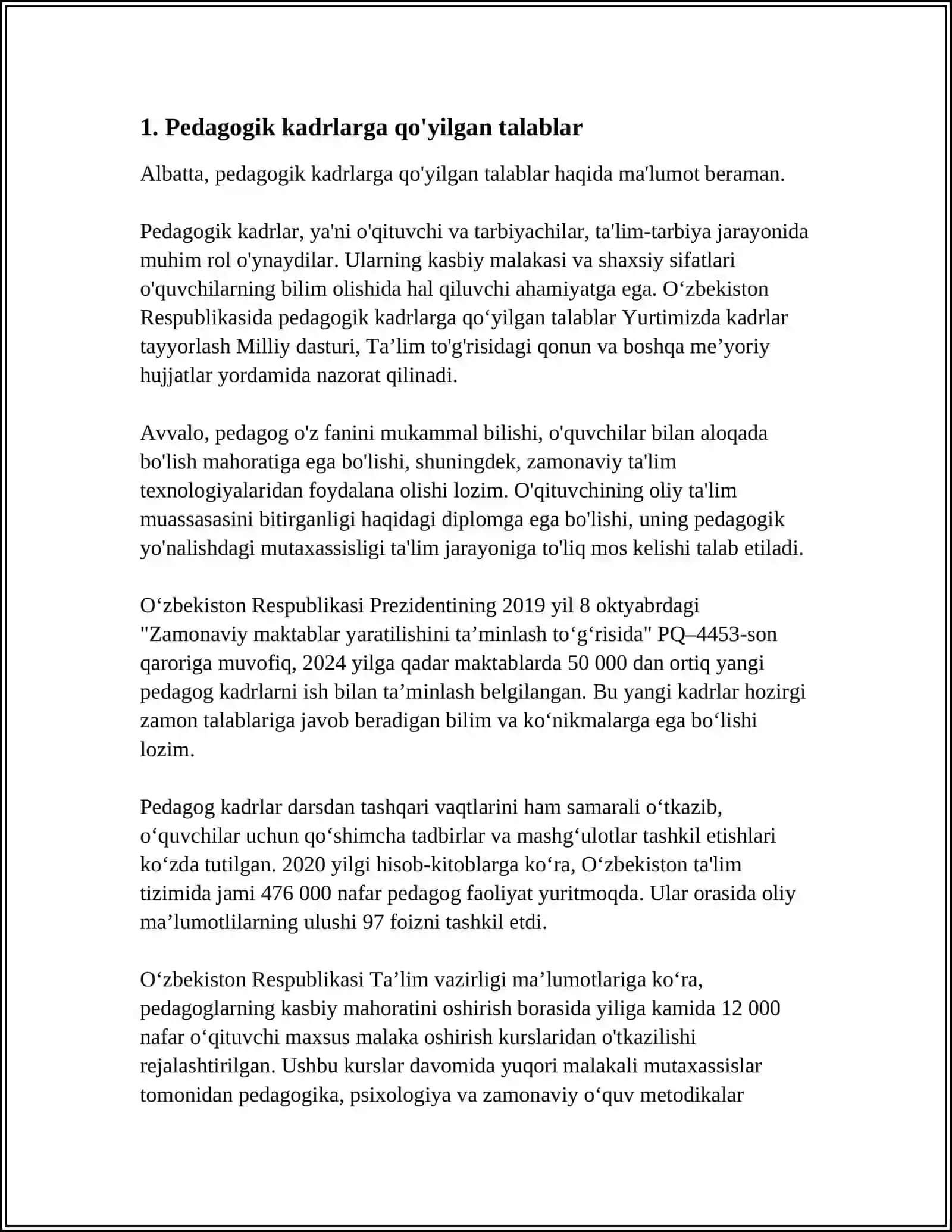 O'ZBEKISTON RESPUBLIKA TA'LIMI. PEDAGOGLIK KASBI VA UNING VAZIFALARI 3