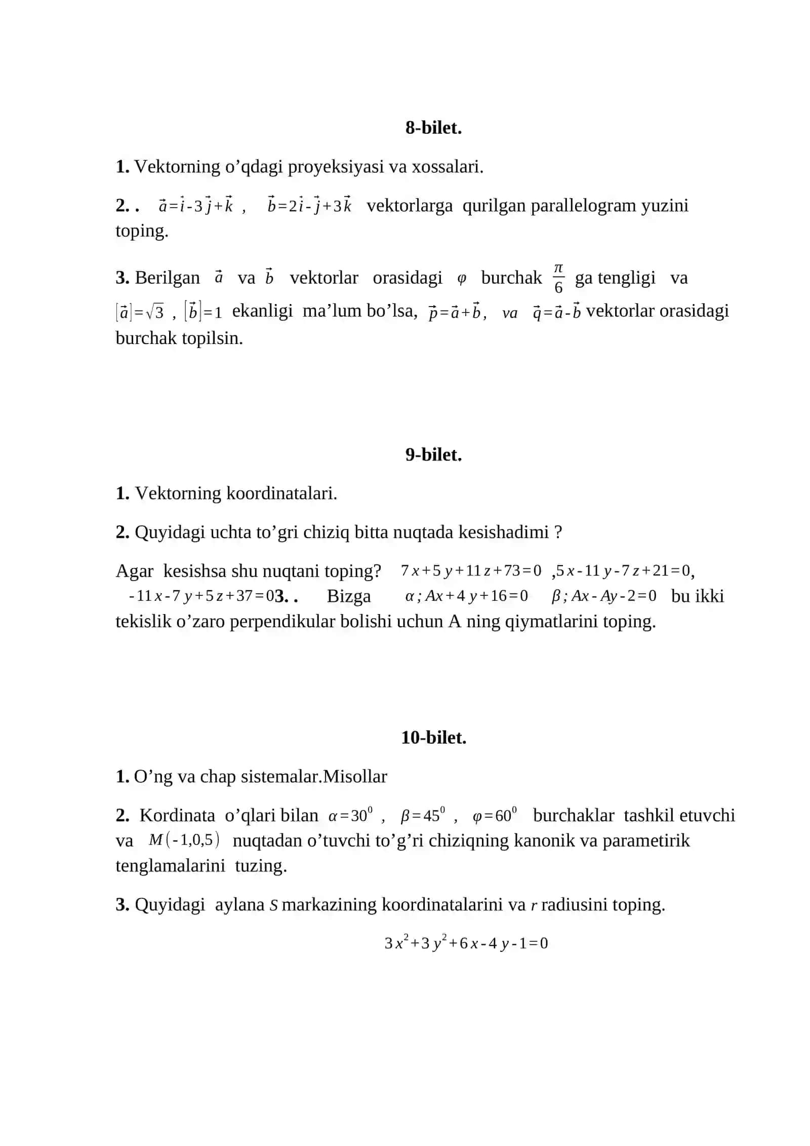 Mexanika va Matematika Modellashtirishdan 1-smestr Analitik Geometriya 3