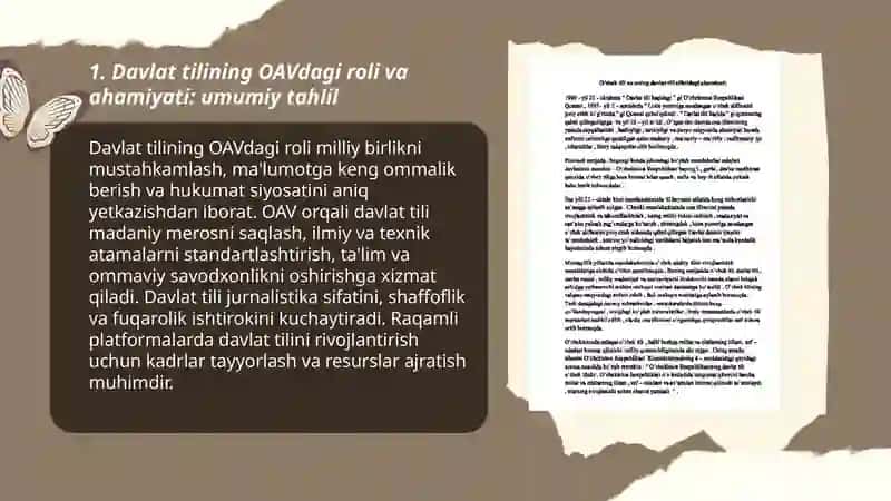 Davlat tilining OAVdagI ahamiyati, davlat tilining omma orasida qo'llanilish darajasi ish yurituvlardagi o'rnini tahlil qilish (taqdimot) 3