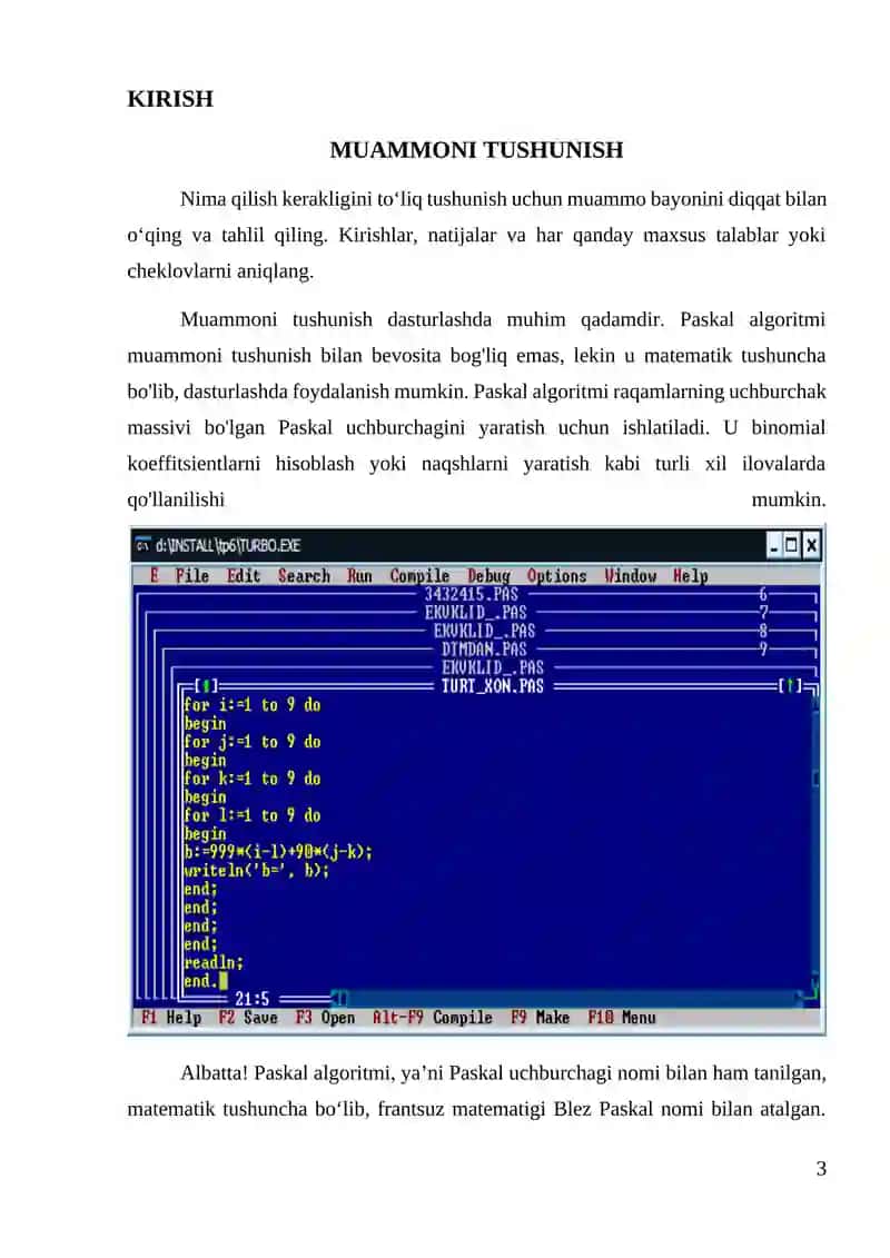 Masalalarning algoritmini tuzish va shu algoritm asosida Paskal dasturlash tilida dastur tuzish 3