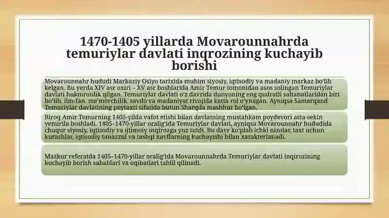 Taqdimot  Mavzu; 1470-1405 yillarda Movarounnahrda temuriylar davlati inqrozining kuchayib borishi 3