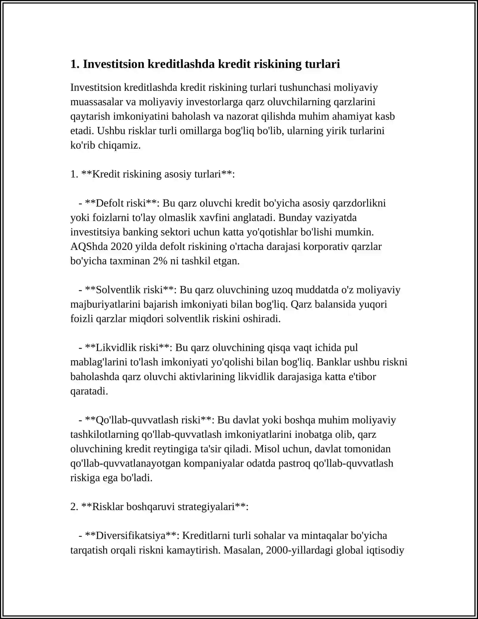 INVESTITSION KREDITLASH FAOLIYATIDA KREDIT RISKINI SAMARALI BOSHQARISHNI TAKOMILLASHTIRISH 3