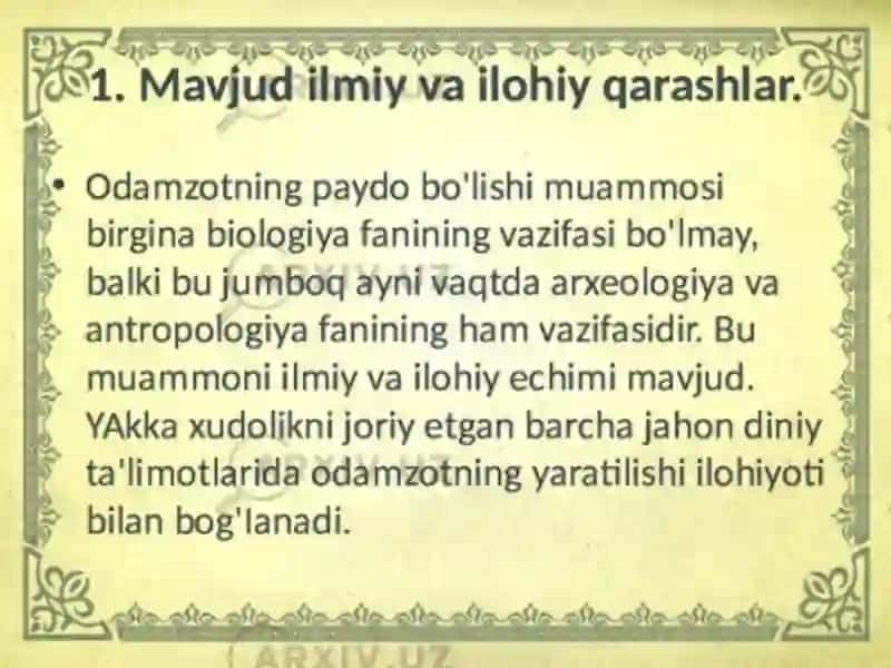 Mavzu:Insoniyatning paydo boliwida diniy va dunyoviy qarashlar. 3