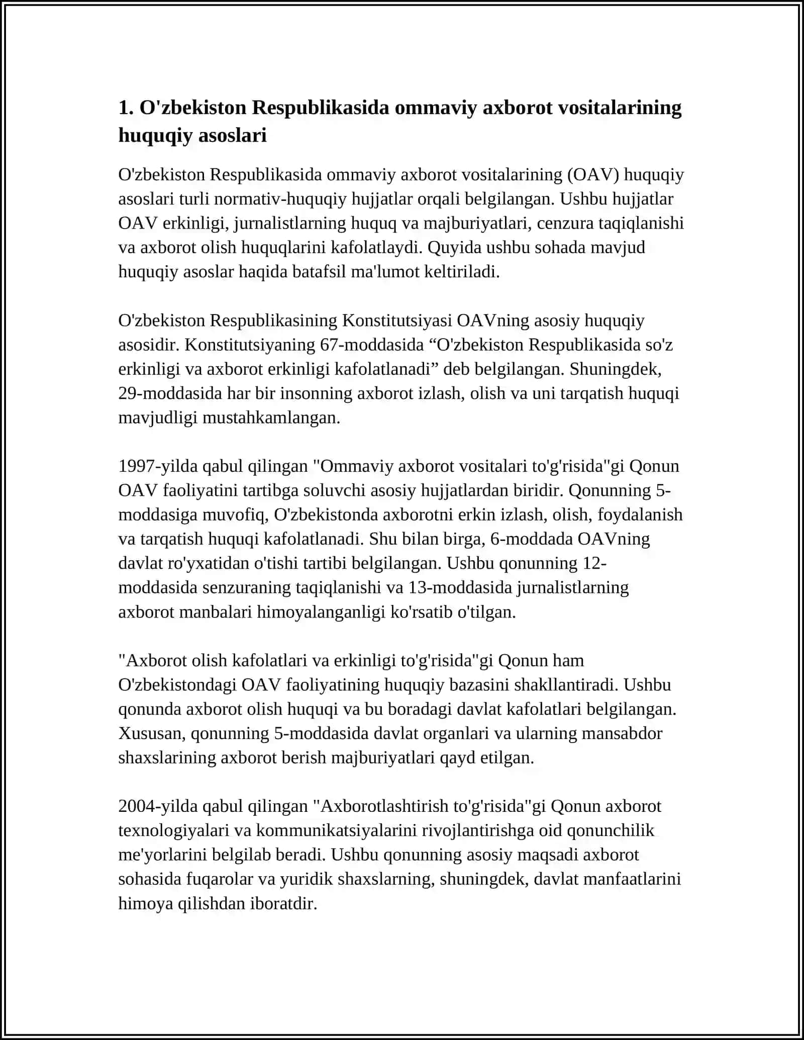 O'zbekiston Respublikasida Ommaviy Axborot Vositalarining Faoliyati 3