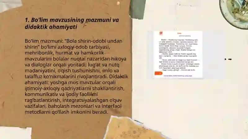 "BOLA SHIRIN-ODOBI UNDAN SHIRIN" BO‘LIMIDAGI MAVZULAR TAHLILI 3