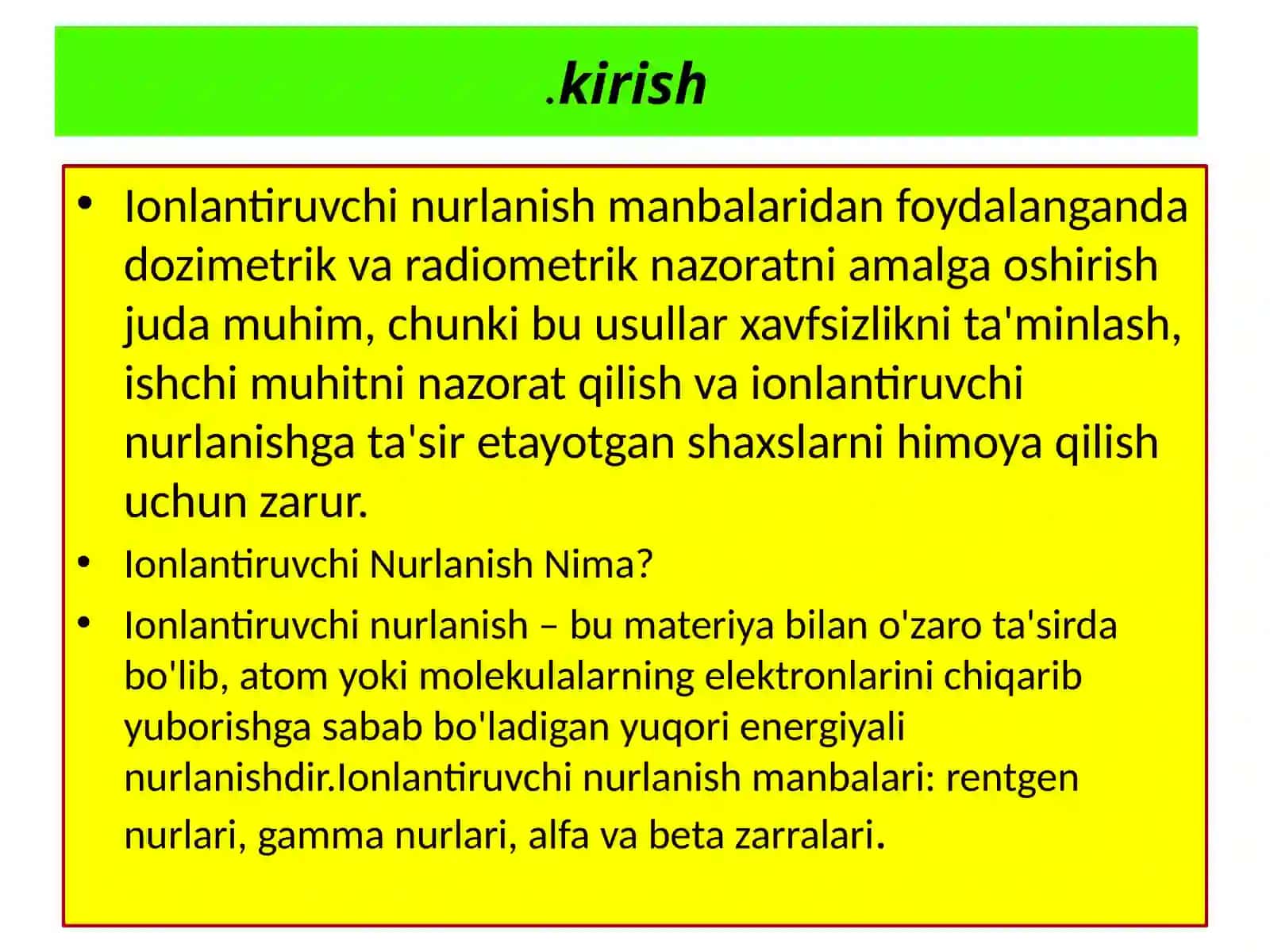 G’iyosova Dilshodaxonning Gigiyena, harbiy gigiyena, Tibbiy ekologiya fanidan, DPMlarda ionlantiruvchi nurlanish manbalardan foydalan'gan daryozimetrik varadiometrik nazorat to'g'risidagi asoslari 3