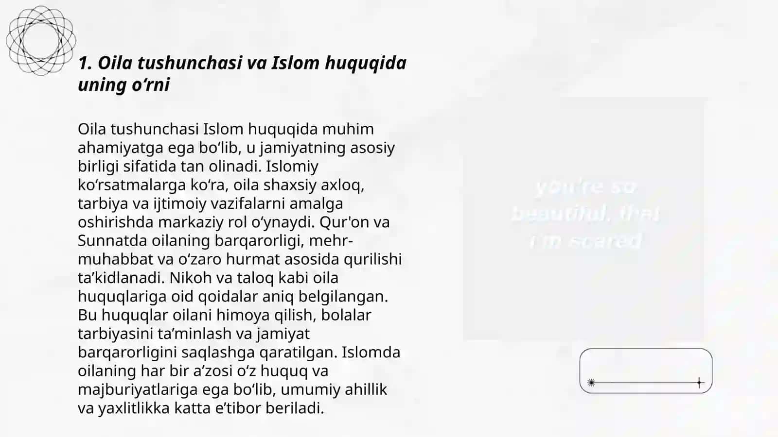 Islom huquqshunosligida oila, nikoh, talog, idda, zihor tushunchalarini ta riflashva tagdimot tayyorlash 3