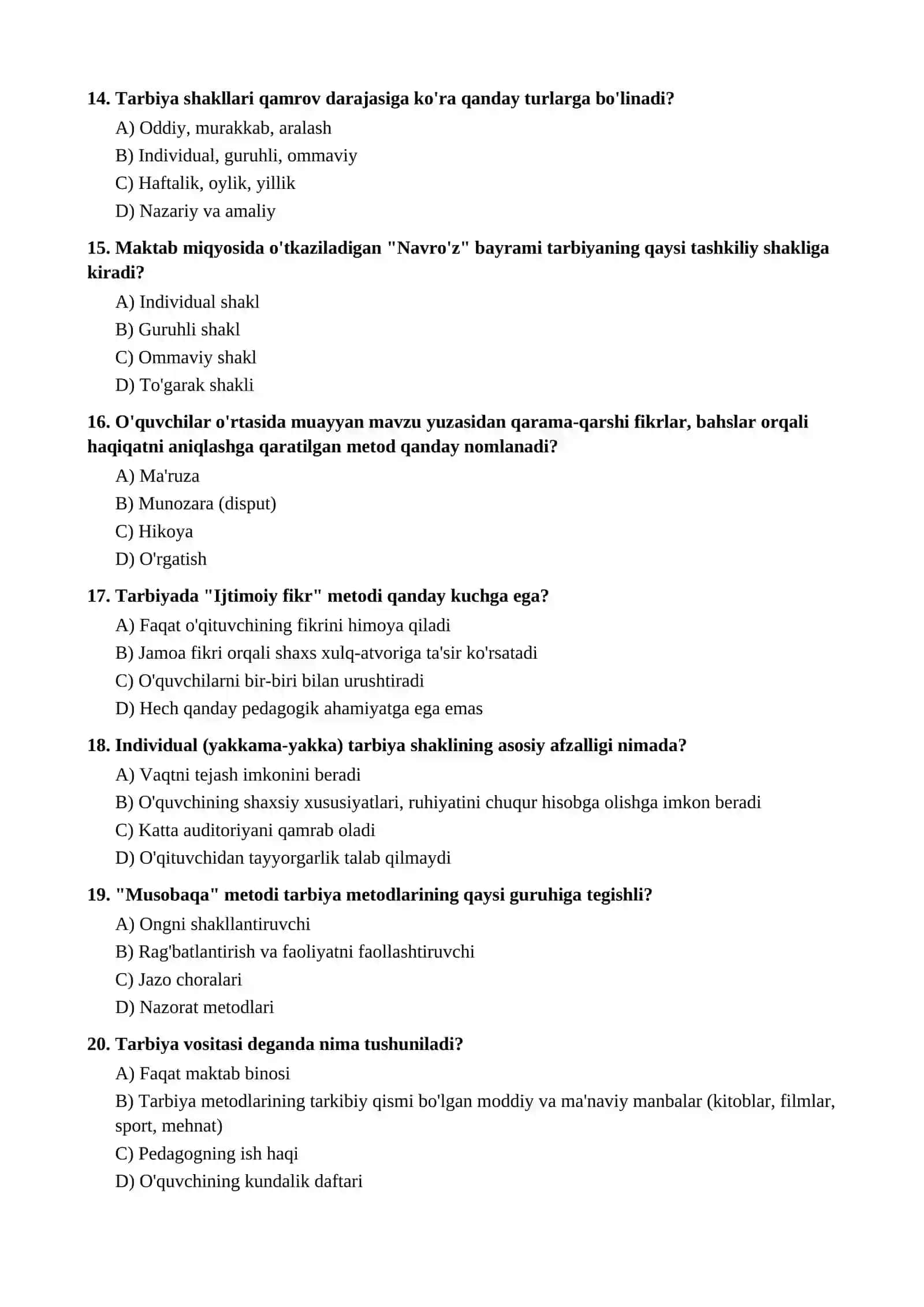 «TARBIYA USULLARI VA SHAKLLARI» MAVZUSI BO'YICHA TEST SAVOLLARI 3
