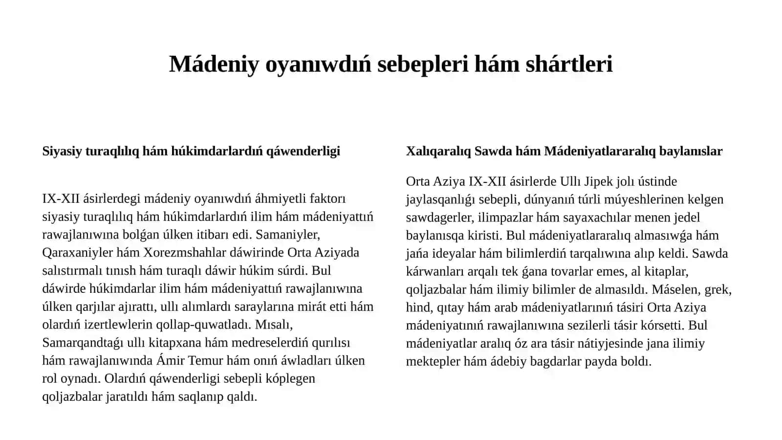 IX-XII ásirlerde júz bergen Mádeniy Oyanıw: Ullıulamalarımızdıń úlesi 3