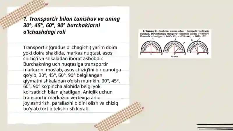 Transportir bilan tanishuv va uning 30°, 45°, 60°, 90° burchaklarni oʼlchashdagi roli 3