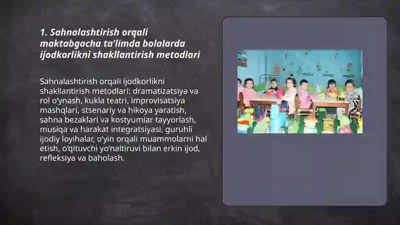Maktabgacha taʼlim tashkilotlarida sahnalashtirish jarayonida bolalarda ijodkorlikni rivojlantirish 3