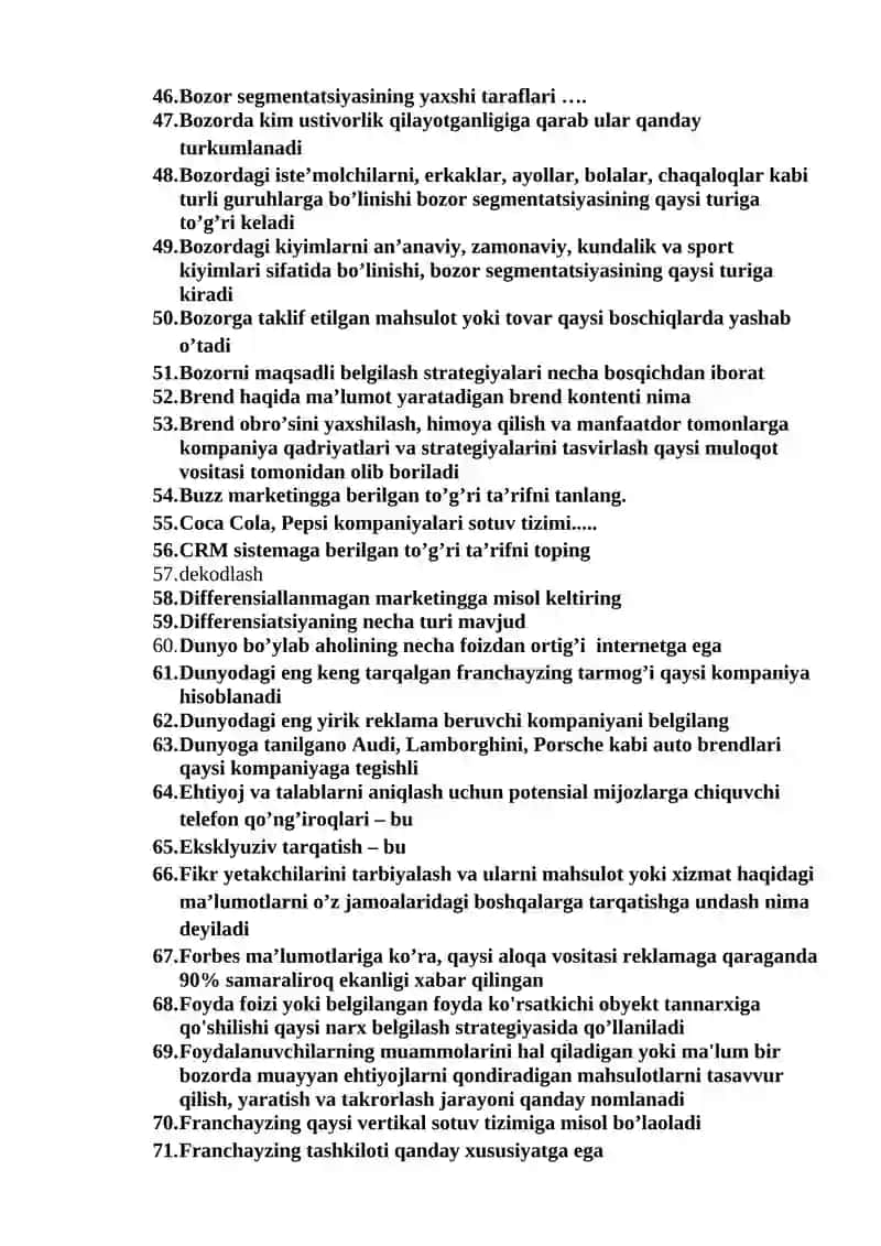 “Principles of Marketing” fanidan yakuniy nazorat testlari 3