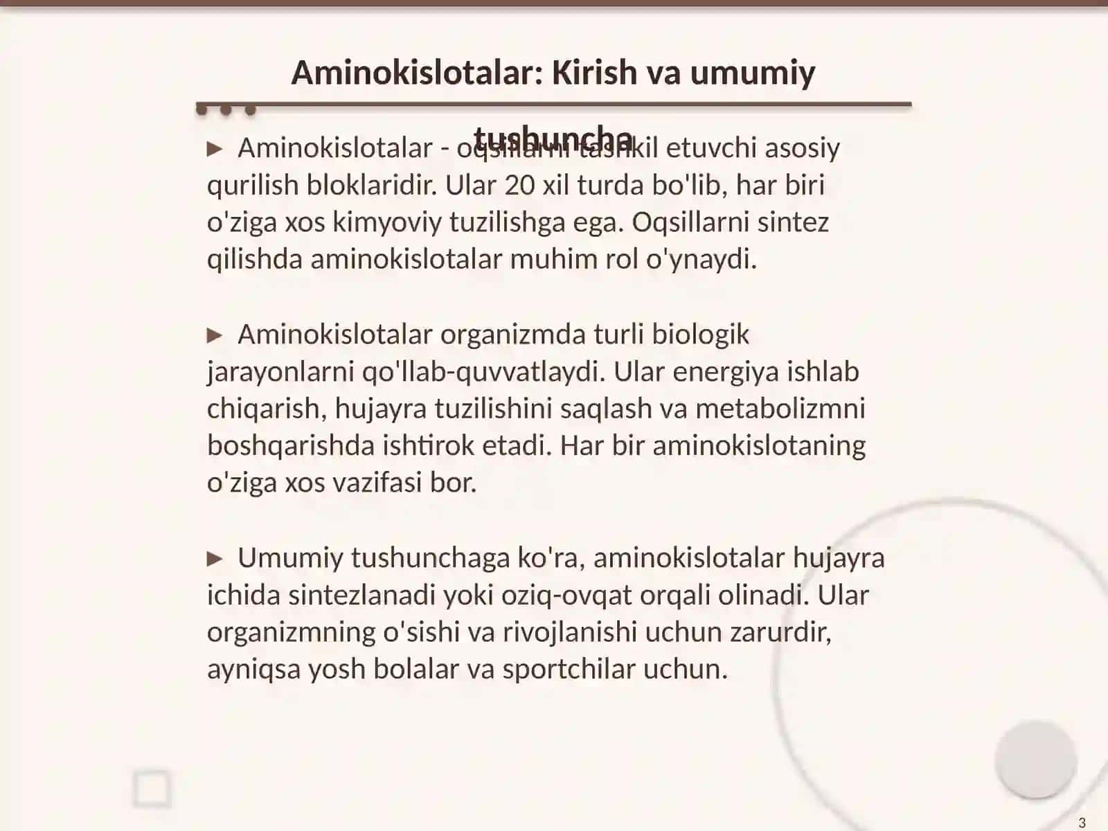 Aminokislotalar hosil bo'lish jarayonida yuzaga keladigon biologik faol energiya 3