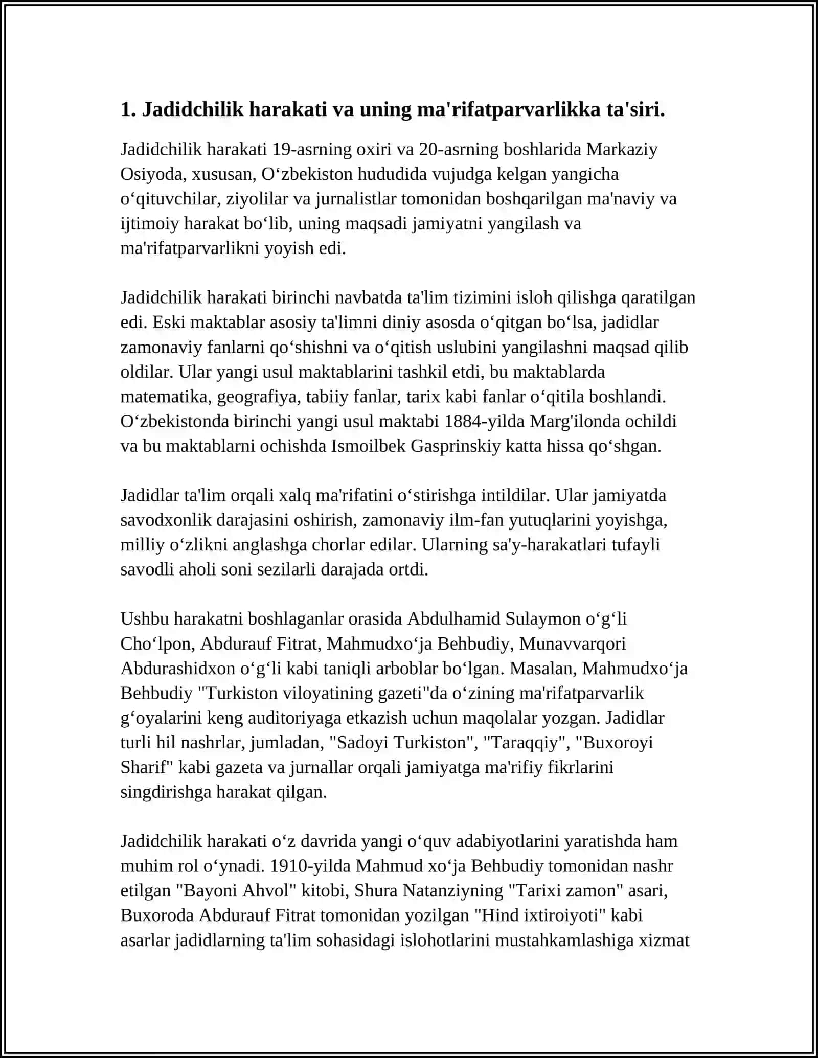 JADID MA'RIFATPARVARLARINING O'LKA IJTIMOIY-MA'NAVIY HAYOTIDA TUTGAN O'RNI 3