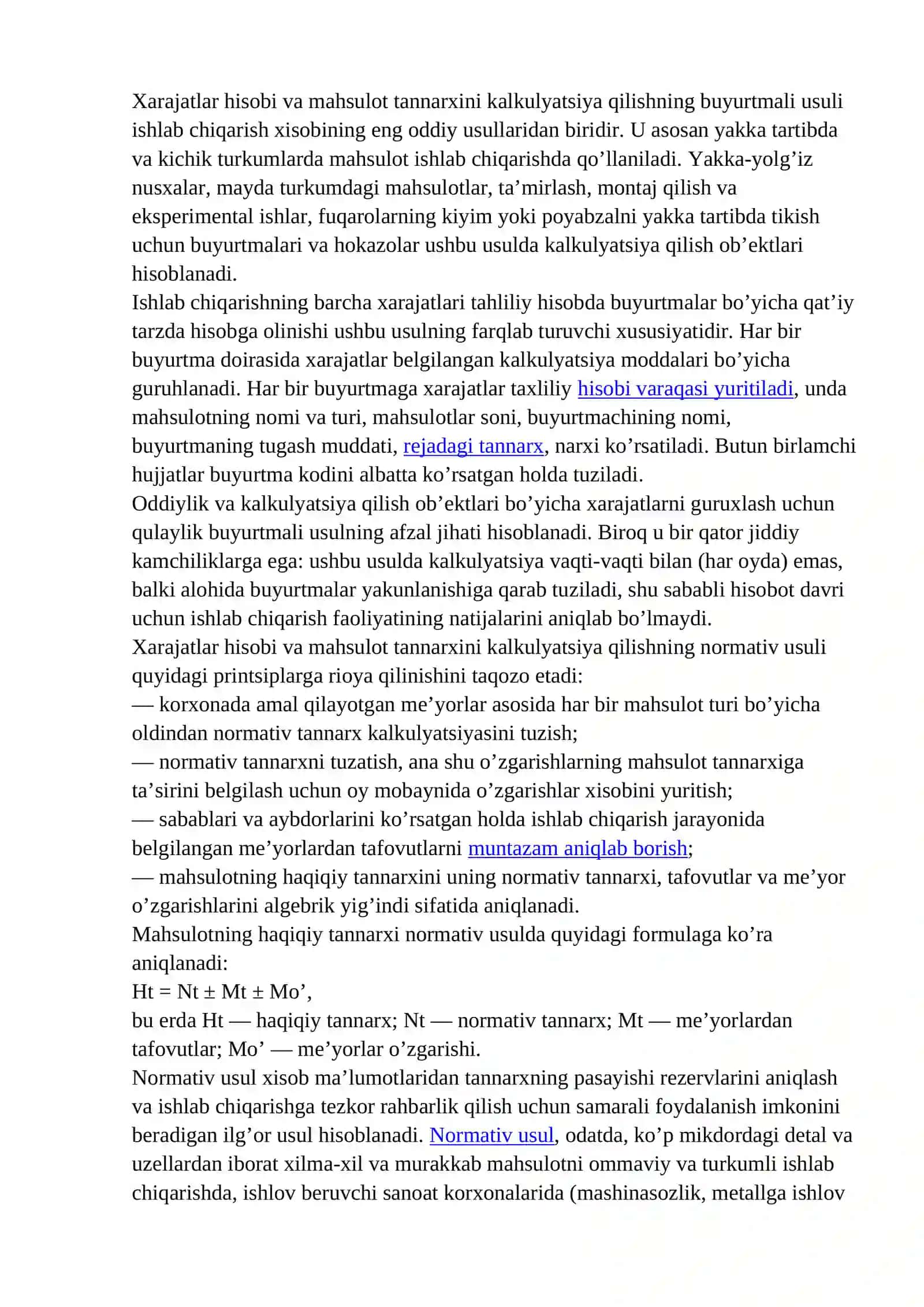 25-mavzu; Mahsulot tannarxini kalkulyatsiya qilish usullari. Maxsulot tannarxini tarkibi va turlari. Kalkulyatsiyaning tamoyillari va ob’ekti 3