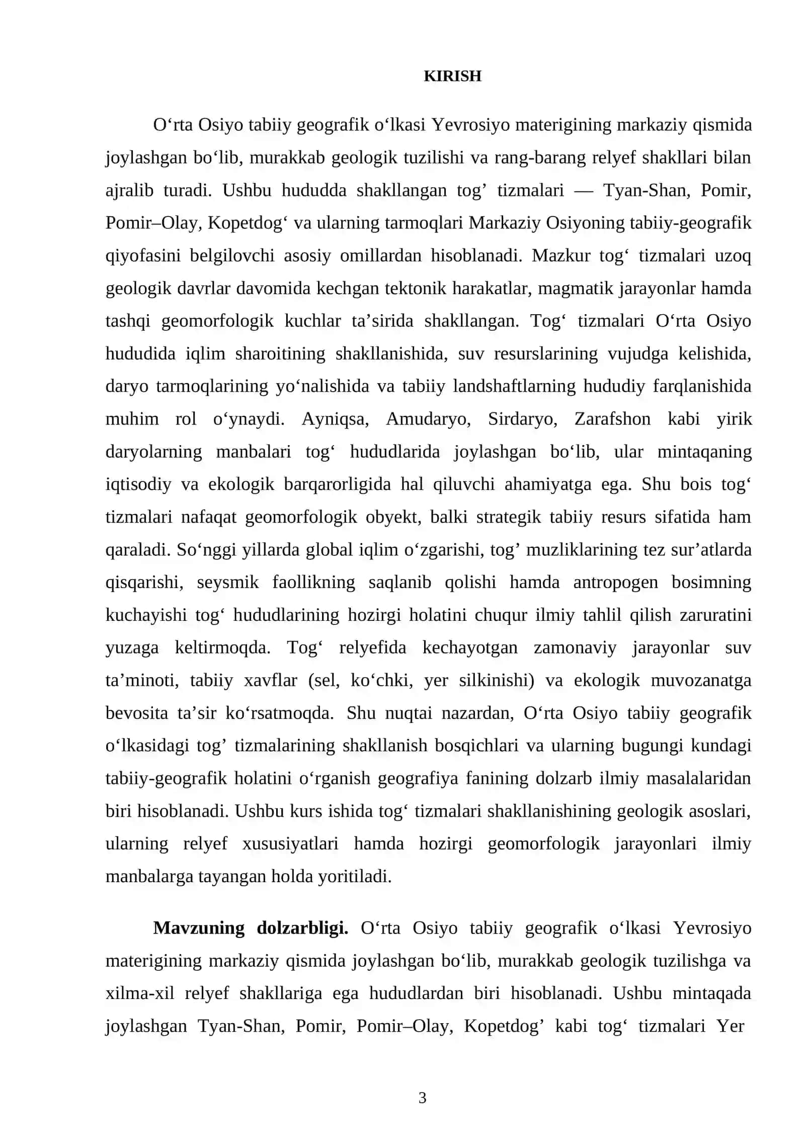 OʻRTA OSIYO TABIIY GEOGRAFIK OʻLKASIDAGI TOGʻ TIZMALARING SHAKLLANISHI VA BUGUNGI KUNDAGI HOLATI 3