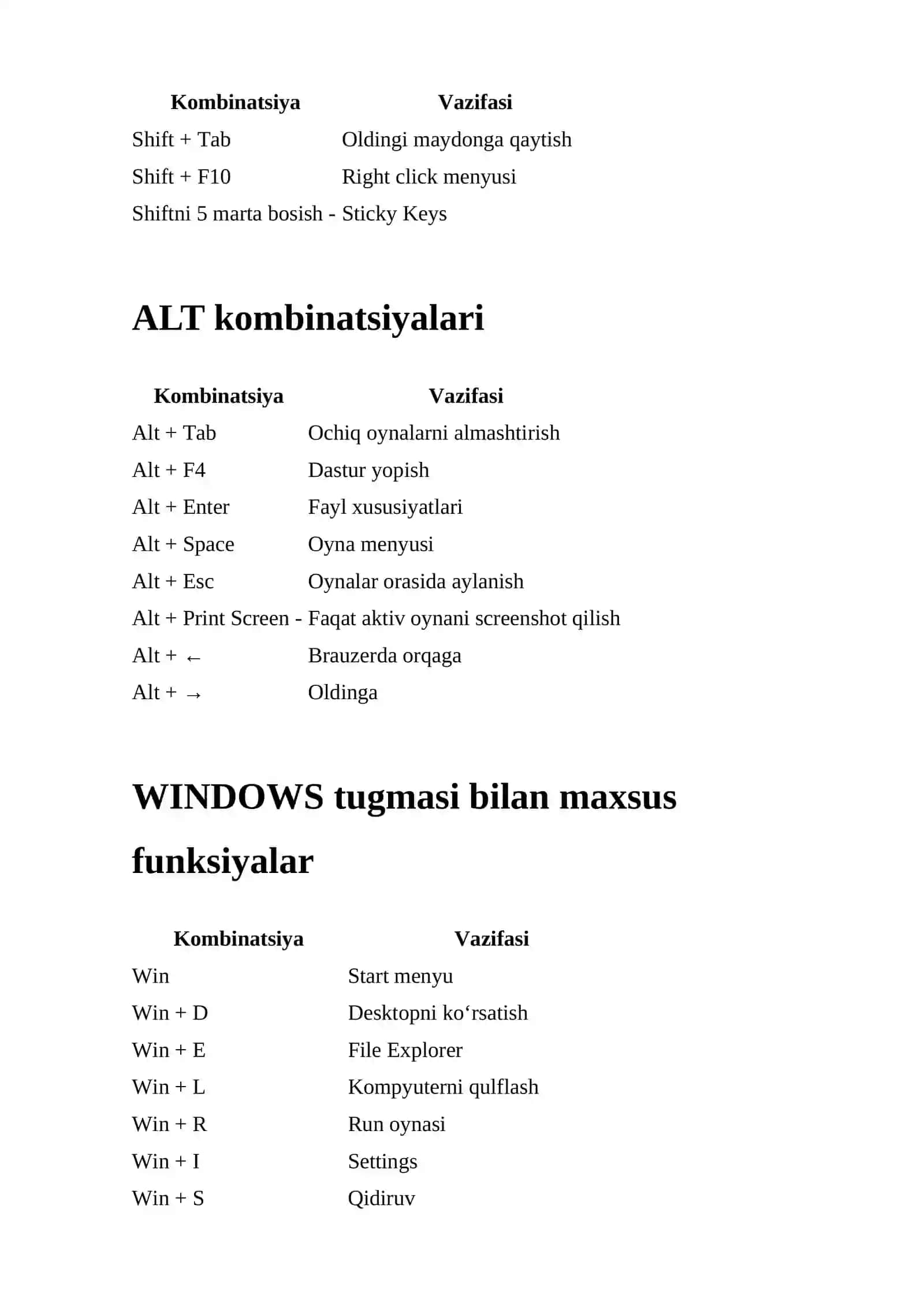 Kompyuterda ishlash uchun qulay tugmalar jadvali 3