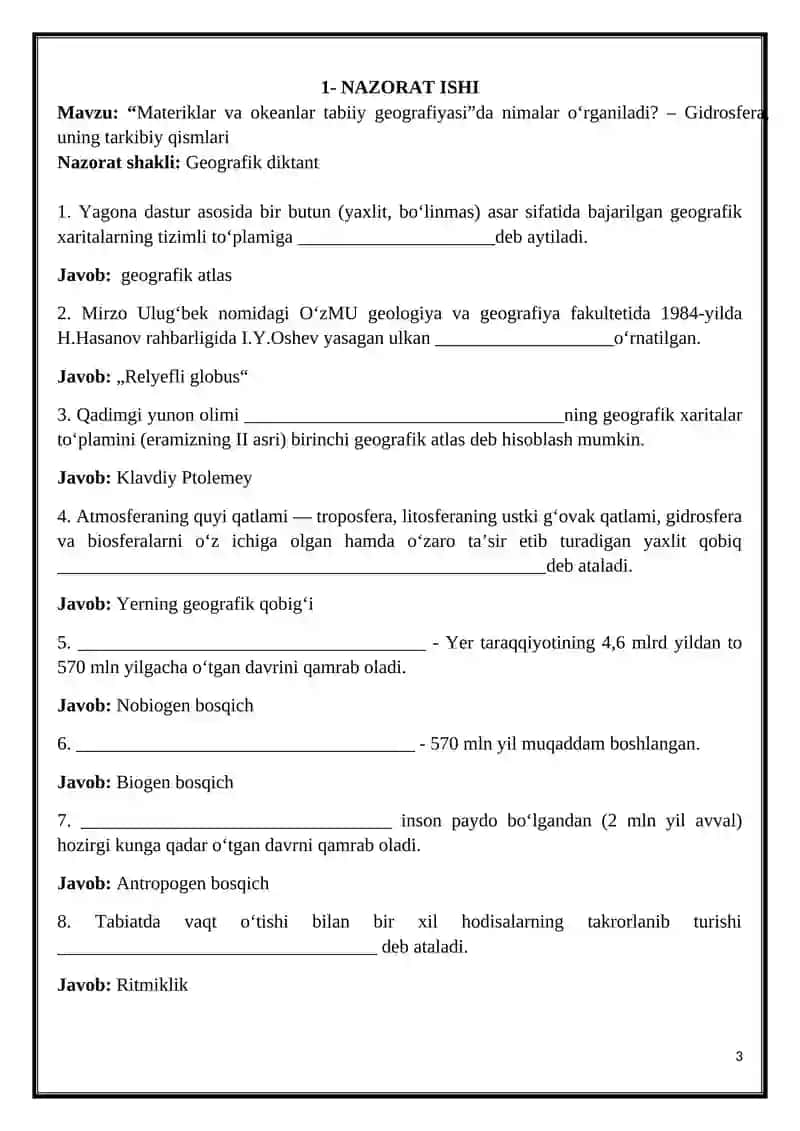 UMUMTA’LIM MAKTABLARI 6-SINF O‘QUVCHILARI UCHUN GEOGRAFIYA FANIDAN YILLIK NAZORAT ISHLARI JAMLANMASI 3