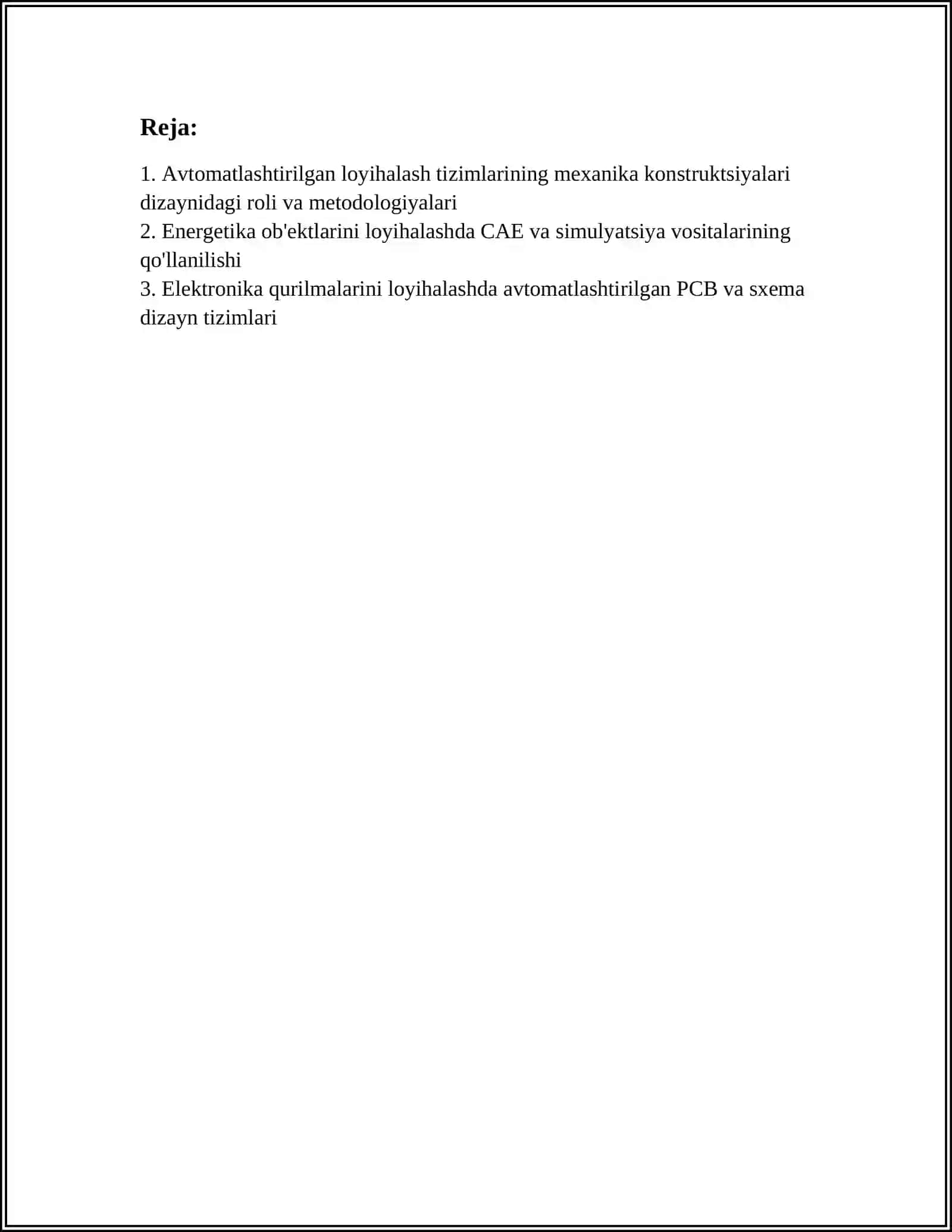 AVTOMATLASHTIRILGAN LOYIHALASH TIZIMLARINI MEXANIKA, ENERGETIKA, ELEKTRONIKA, GEOLOGIYA, MASHINASOZLIK VA BOSHQA SOHALARDA QOʻLLASH 3