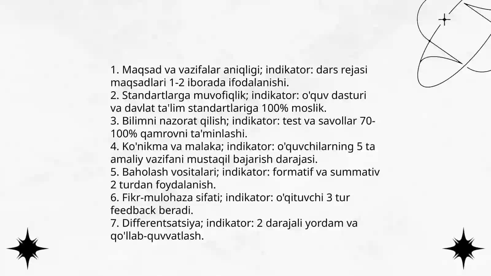 Dars kuzatuvi uchun baholash mezonlari va indikatorlari 3